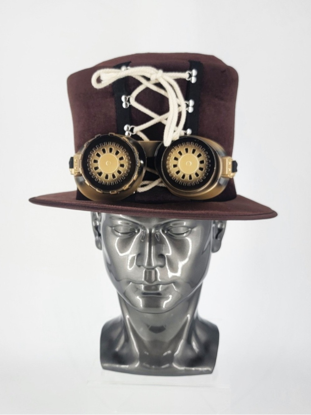 Spirit Steampunk Brown Faux Felt Top Hat with Brass plastic Goggles